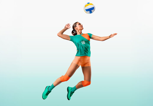 Volleyball Player Mockup Jumping in Sports Uniform