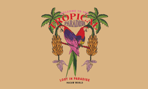 Welcome to tropical paradise. Summer vibes artwork. Copacabana beach art. Tropical paradise. Banana tree. Macaw paradise artwork. Tropical bird with flower graphic print design.