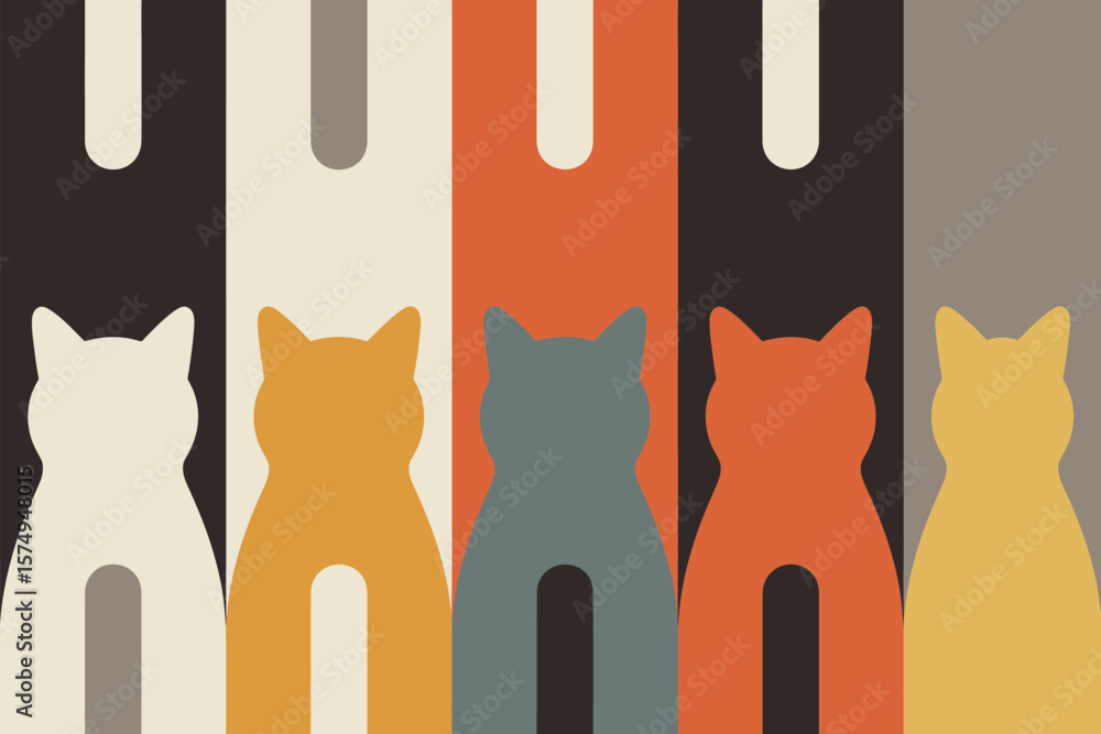Fototapete a retro pattern featuring colorful cat silhouettes arranged vertically with rounded rectangular shap