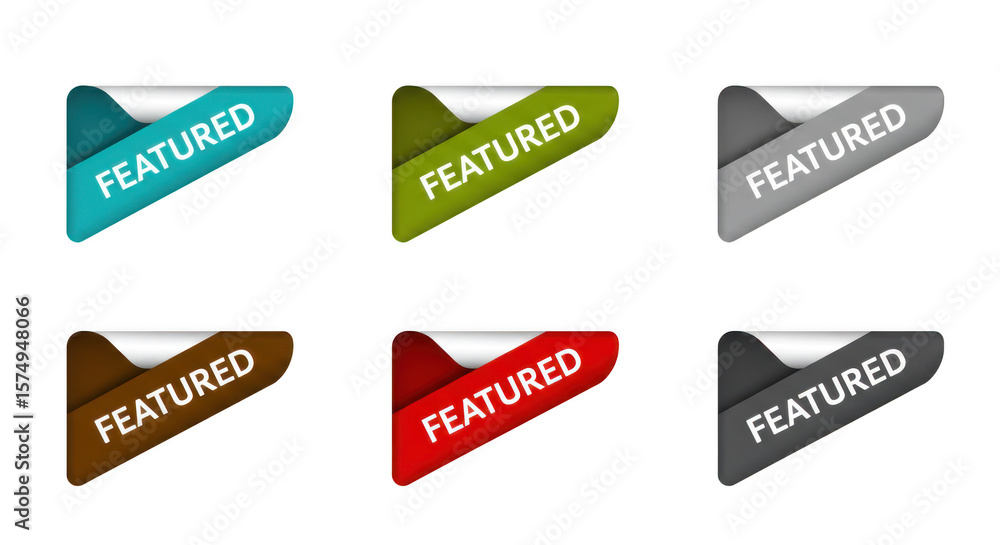 Fototapete collection of six modern corner ribbon tags with the word featured in white text on a transparent ba