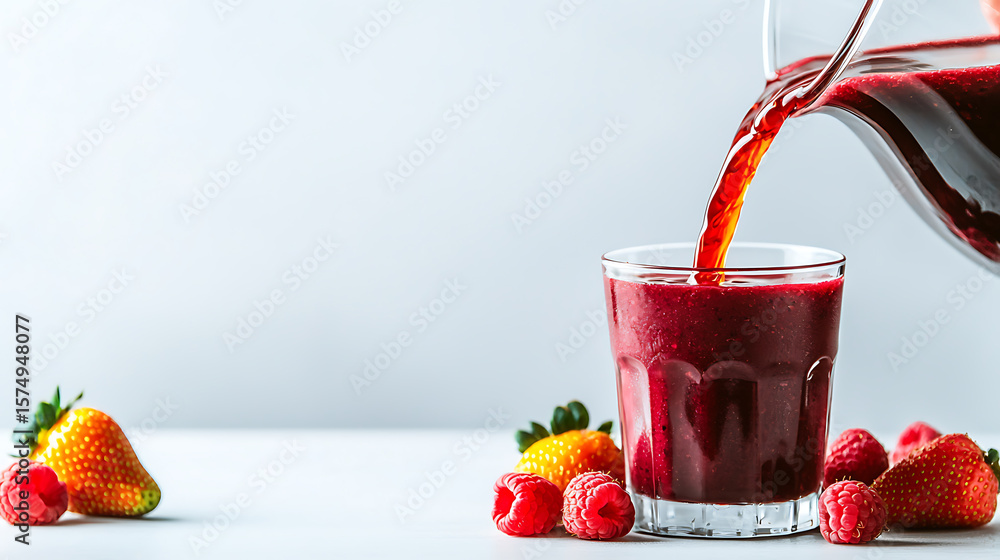 Poster refreshing berry beverage being poured into a glass. strawberries and raspberries add color on a lig