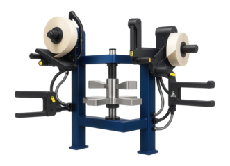 Multi-panel labeling machine with rotating fixtures for applying multiple labels on different sides of a box in logistics hubs