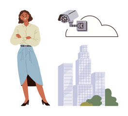 Professional woman standing near urban skyscrapers, representing city, surveillance, and cloud technology. Ideal for business security, surveillance, data, smart cities, modern work technology