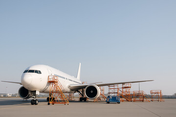 Commercial airplane undergoing maintenance at airport hangar with technicians around