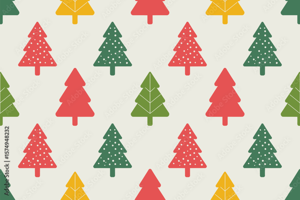 Aufkleber seamless pattern of christmas trees in red green and yellow on a light background in a repeating des