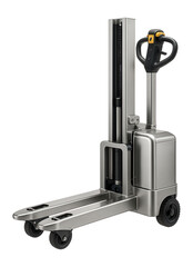 Electric stacker with a stainless steel finish and corrosion-resistant components for use in a chemical storage area.