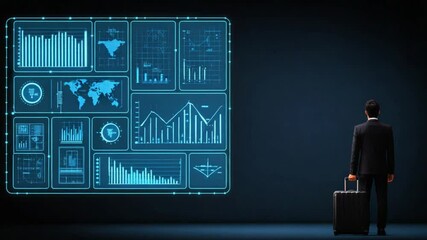 A businessman analyzes financial data on futuristic screen display, investment strategy for - Powered by Adobe
