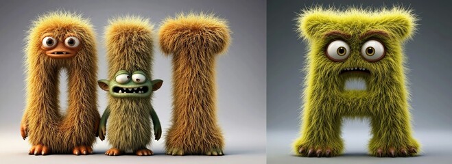 Colorful furry letters and characters with playful expressions in studio  