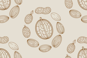 Seamless pattern featuring brown outlined nuts including almonds peanuts and other shelled nuts on beige background