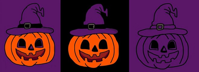 Halloween pumpkin illustrations with witch hats in orange and purple  
