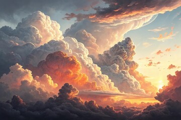 Majestic cumulonimbus clouds illuminated by a fiery sunset sky