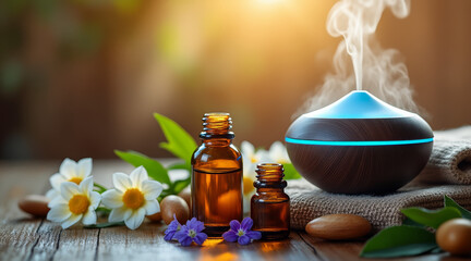 Essential oil diffuser with aromatherapy oils and flowers on a table