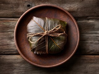 Korean chestnut rice wrapped lotus leaf neatly tied rustic wood background top view
