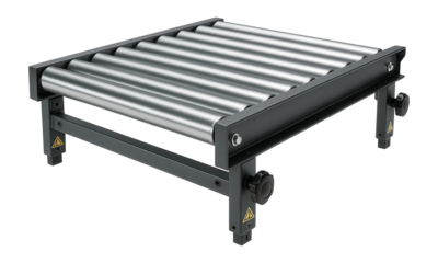 Gravity roller conveyor rack with galvanized steel rollers and adjustable frame for a logistics warehouse.