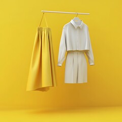 Yellow clothes, shoes and accessories in a yellow room 