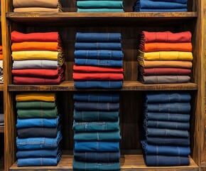 Array of shelves in a retail store displaying neatly folded and organized sweaters in various colors, ranging from warm hues of red and orange to cool hues of blue and green