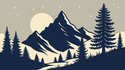 A majestic mountain range under a starry night sky with a full moon and silhouetted pine trees © gordon