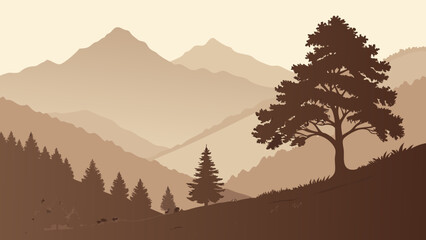 Fototapeta premium A serene mountain landscape features layered hills and a silhouette of a tree against a misty beige sky