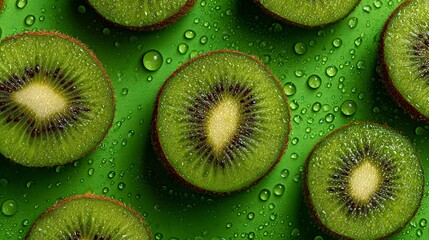 Overhead Macro Photography of Kiwi Arrangement with Glistening Droplets and Juicy Textural Detail on a Bright Green Background