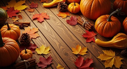 Autumn Harvest Pumpkins Leaves and Rustic Wood Background
