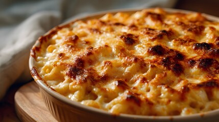 Decadent Baked Mac and Cheese with a Perfect Crispy Caramelized Crust Presented in a High-Resolution Close-Up Shot for Gourmet Food Enthusiasts