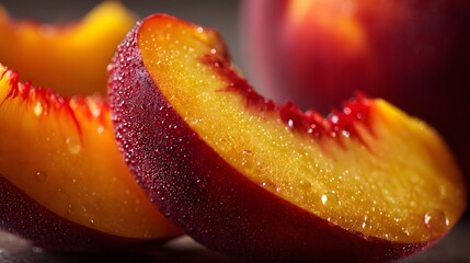 Artistic high-resolution macro imagery featuring vividly sliced ripe peaches with detailed textures, natural light, and exquisite color transitions