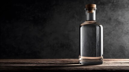 Intricate Close-Up Presentation of a Vodka Bottle Mockup on Wooden Surface with Dark Minimalist Background Illuminated by Studio Lighting