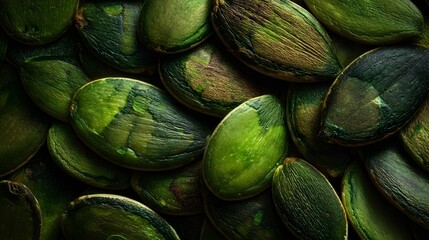 Detailed close-up macro photography capturing the natural texture and vibrant green tones of numerous organic pumpkin seeds