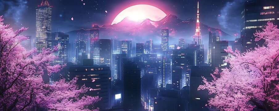 Fantasy Japanese night view city cityscape, neon light, residential skyscraper buildings, pink cherry sakura tree. Night urban anime fantasy


