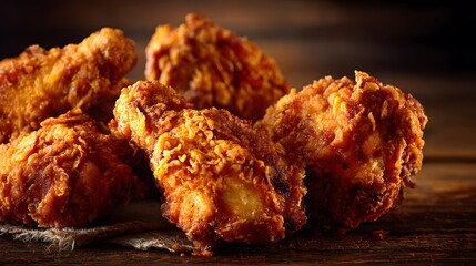 Detailed Extreme Close-Up of Perfectly Fried Golden Chicken Pieces Highlighting Crisp Texture and Mouthwatering Juiciness in a Rustic Setting
