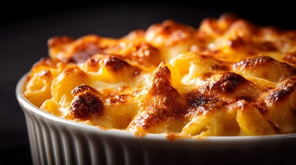 Decadent Baked Mac and Cheese with a Perfect Crispy Caramelized Crust Presented in a High-Resolution Close-Up Shot for Gourmet Food Enthusiasts