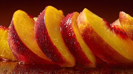 Artistic high-resolution macro imagery featuring vividly sliced ripe peaches with detailed textures, natural light, and exquisite color transitions