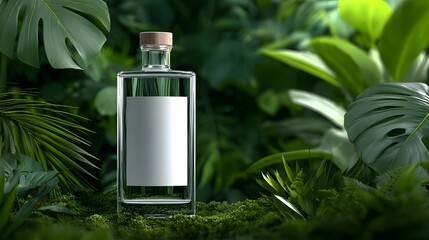 High-Quality Clear Glass Bottle with Pristine Blank Label and Lush Greenery in a Photorealistic Studio Setup