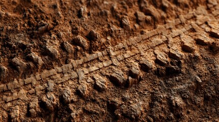 Ultra Detailed Close-Up of Tire Tracks in Brown Textured Soil Highlighting Microscopic Soil Grains and Imprint Effects