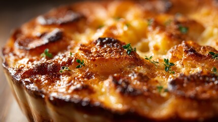 Artistic Close-Up Composition of a Sumptuous Baked Mac and Cheese Dish with a Crispy, Textured Crust Illuminated by Soft Natural Light