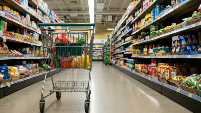 Empty shopping cart in grocery store aisle