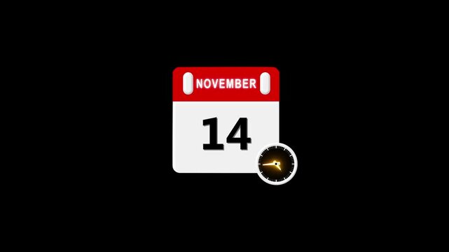 14 November Date Calendar Icon Animation ,November month 14 date calendar icon clock animation. Digital calendar month concept design. Alpha matte with transparent background 4K resolution.