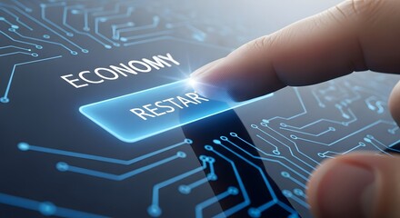 Economy Restart Button on Digital Interface, Symbolic Representation of Economic Recovery, Digital Interface with Economy Restart Concept