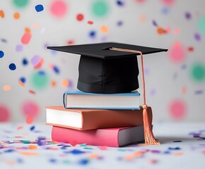 Graduation cap atop stack books. Education concept, higher learning. Academic achievement, degree, knowledge, wisdom. University college, high school graduation ceremony