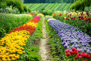 Colorful flower field with rows of various flowers in bloom creating striking color patterns