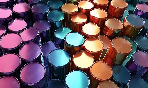 Abstract multicolored rainbow colorful background with cylinders. Ceramic round tiles. Geometry pattern. Random cells. Polygonal glossy surface. Futuristic abstraction. 3d rendering illustration

 - Powered by Adobe