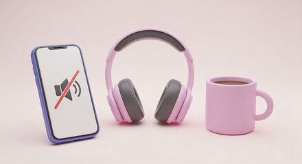 Smartphone, a pair of headphones, and a mug. The smartphone has a mute icon on its screen, indicating that the sound is turned off.