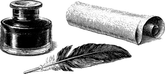 Vintage inkwell, quill, and parchment set for historical design projects