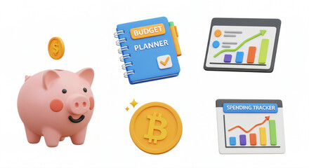 Set of 3D model icons representing finance organization, investment and monthly expenses against white background.