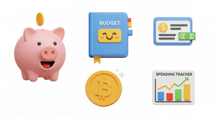 3D model icons kit representing finance organization, investment and monthly expenses against white background.