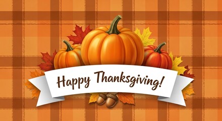 Thanksgiving Pumpkins Plaid  Autumn Leaves  Festive Greeting