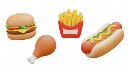 3D model icons set of fast food itens, such as hot dog, burger, chicken nuggets and french fries. White background, high quality composition.