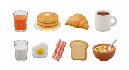 3D model icons kit of commonly consumed breakfast food itens. Isolated on white background.
