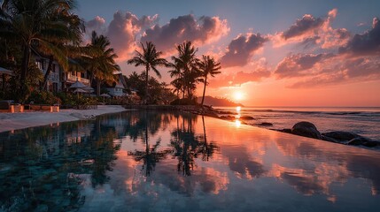 A tropical sunset view with reflecting pool and palm trees