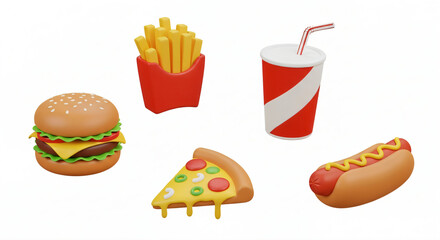 3D model icons set of fast food itens, such as pizza, burger, soda, hotdog and french fries. White background, high quality composition.